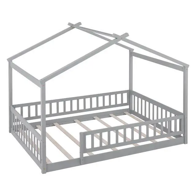Alt view image 4 of 7 - Full Size Wood Bed House Bed Frame With Fence, For Kids, Teens, Girls, Boys,Gray