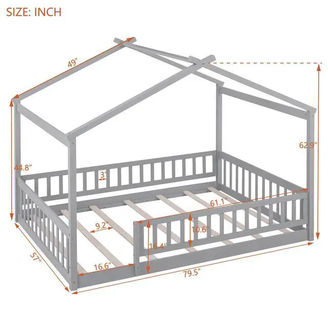 Alt view image 3 of 7 - Full Size Wood Bed House Bed Frame With Fence, For Kids, Teens, Girls, Boys,Gray