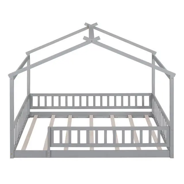 Alt view image 6 of 7 - Full Size Wood Bed House Bed Frame With Fence, For Kids, Teens, Girls, Boys,Gray