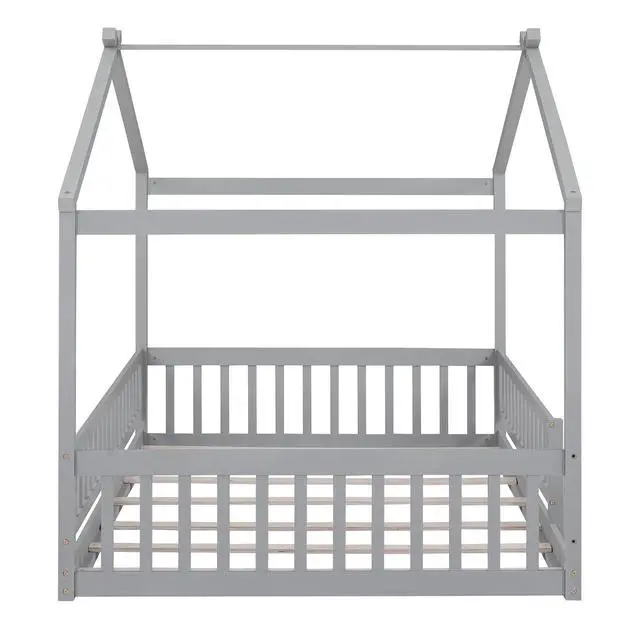 Alt view image 5 of 7 - Full Size Wood Bed House Bed Frame With Fence, For Kids, Teens, Girls, Boys,Gray