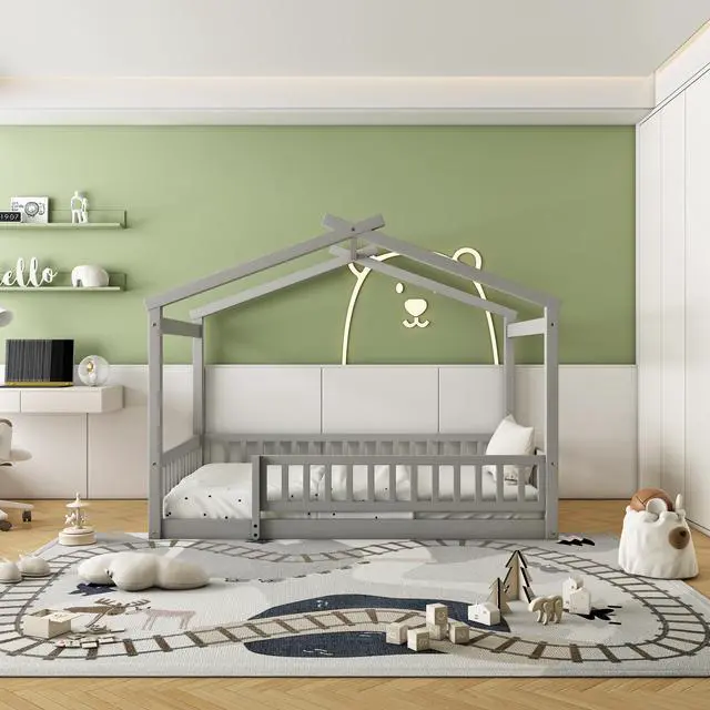 Alt view image 2 of 7 - Full Size Wood Bed House Bed Frame With Fence, For Kids, Teens, Girls, Boys,Gray