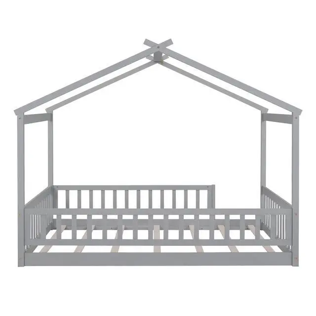 Alt view image 7 of 7 - Full Size Wood Bed House Bed Frame With Fence, For Kids, Teens, Girls, Boys,Gray