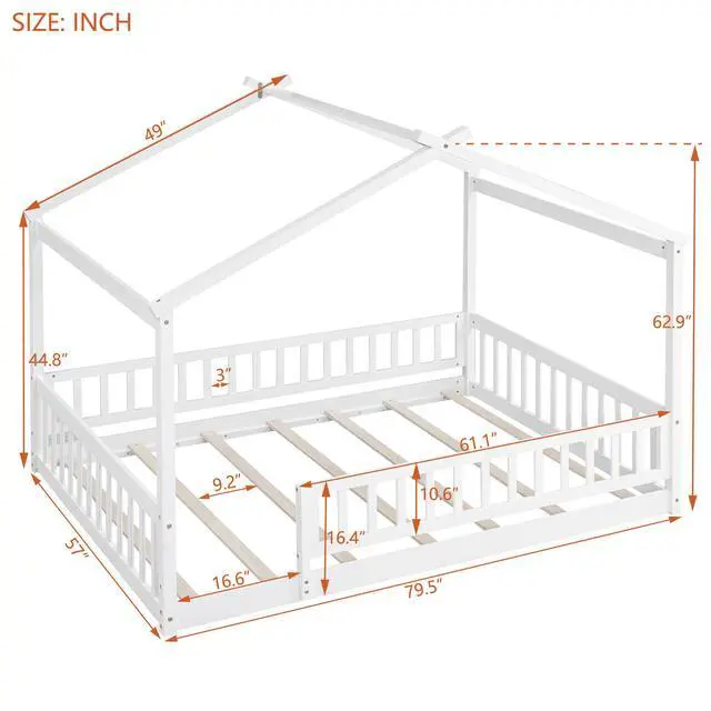 Alt view image 3 of 7 - Full Size Wood Bed House Bed Frame With Fence, For Kids, Teens, Girls, Boys,White