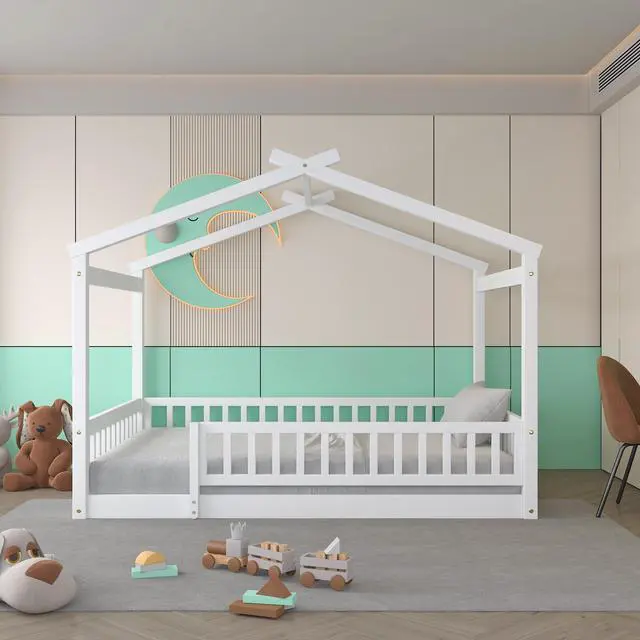 Alt view image 2 of 7 - Full Size Wood Bed House Bed Frame With Fence, For Kids, Teens, Girls, Boys,White