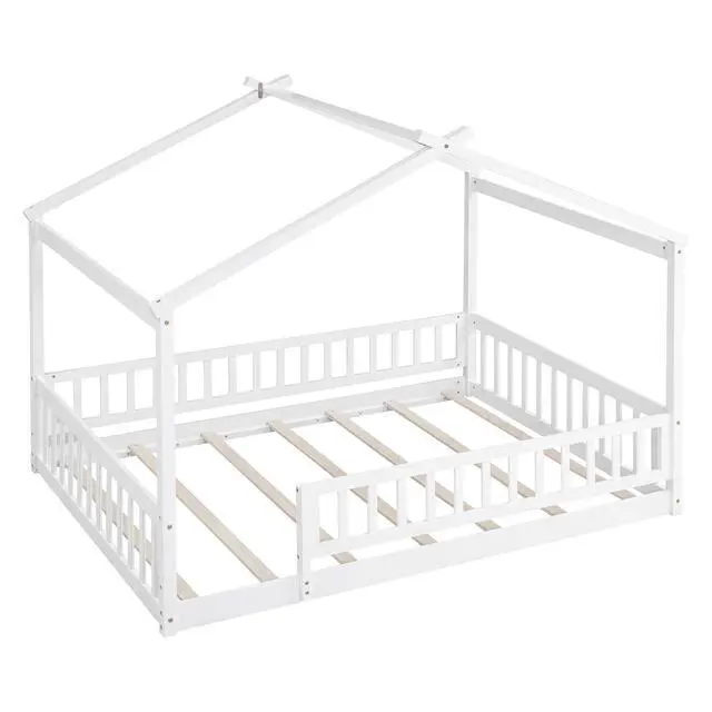 Alt view image 5 of 7 - Full Size Wood Bed House Bed Frame With Fence, For Kids, Teens, Girls, Boys,White