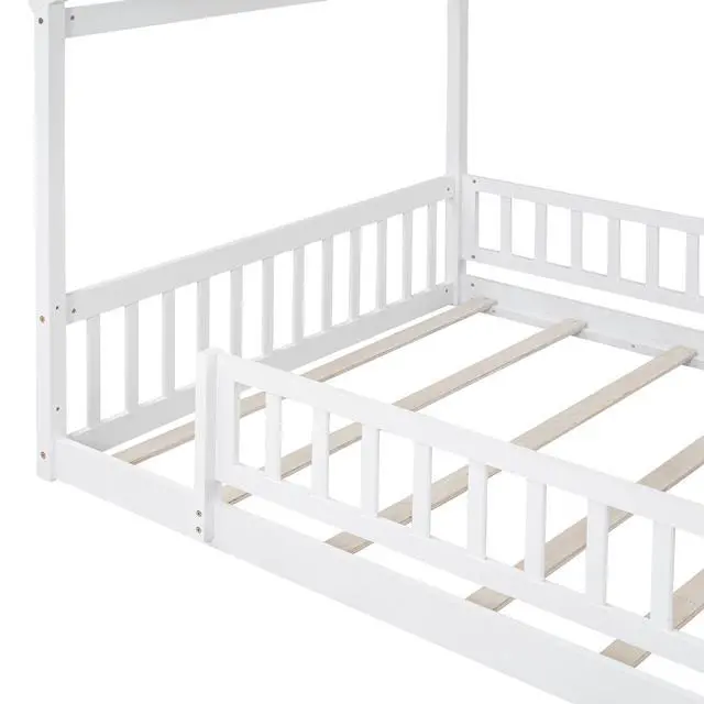 Alt view image 6 of 7 - Full Size Wood Bed House Bed Frame With Fence, For Kids, Teens, Girls, Boys,White