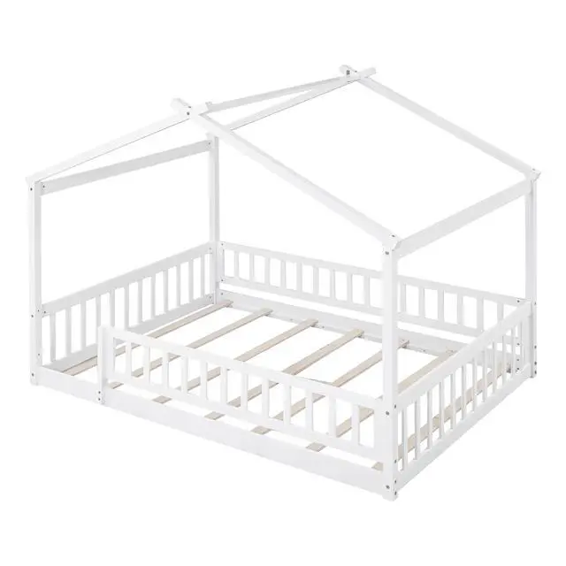 Alt view image 7 of 7 - Full Size Wood Bed House Bed Frame With Fence, For Kids, Teens, Girls, Boys,White