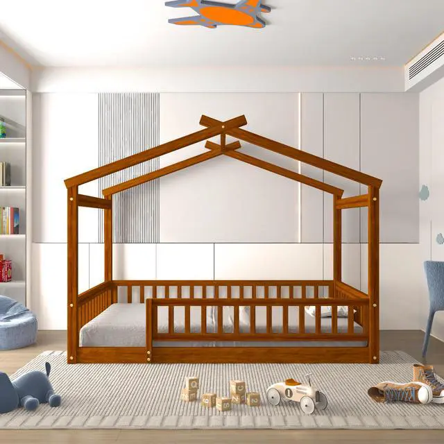Alt view image 2 of 7 - Full Size Wood Bed House Bed Frame With Fence, For Kids, Teens, Girls, Boys,Walnut