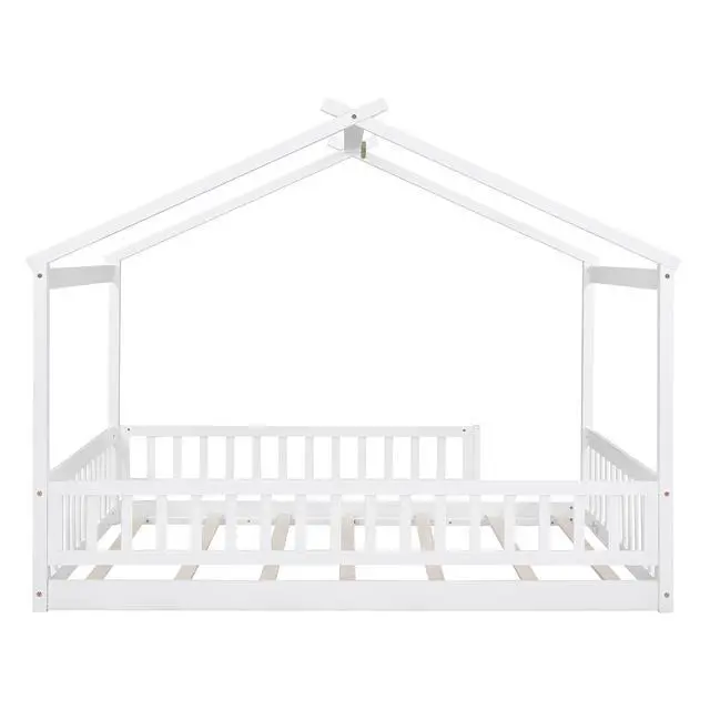 Alt view image 4 of 7 - Full Size Wood Bed House Bed Frame With Fence, For Kids, Teens, Girls, Boys,White