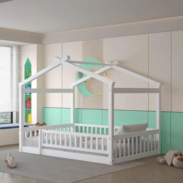Main image of Full Size Wood Bed House Bed Frame With Fence, For Kids, Teens, Girls, Boys,White