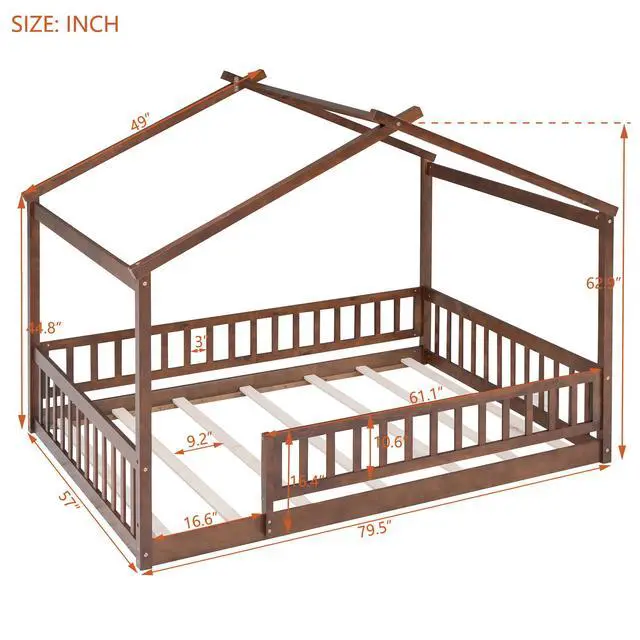 Alt view image 3 of 7 - Full Size Wood Bed House Bed Frame With Fence, For Kids, Teens, Girls, Boys,Walnut