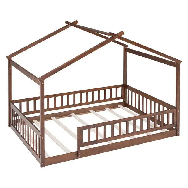 Alt view image 4 of 7 - Full Size Wood Bed House Bed Frame With Fence, For Kids, Teens, Girls, Boys,Walnut