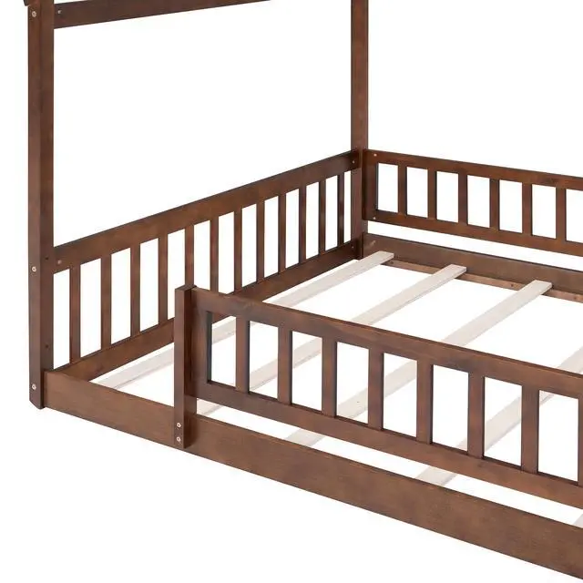 Alt view image 6 of 7 - Full Size Wood Bed House Bed Frame With Fence, For Kids, Teens, Girls, Boys,Walnut