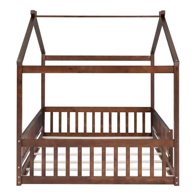 Alt view image 5 of 7 - Full Size Wood Bed House Bed Frame With Fence, For Kids, Teens, Girls, Boys,Walnut
