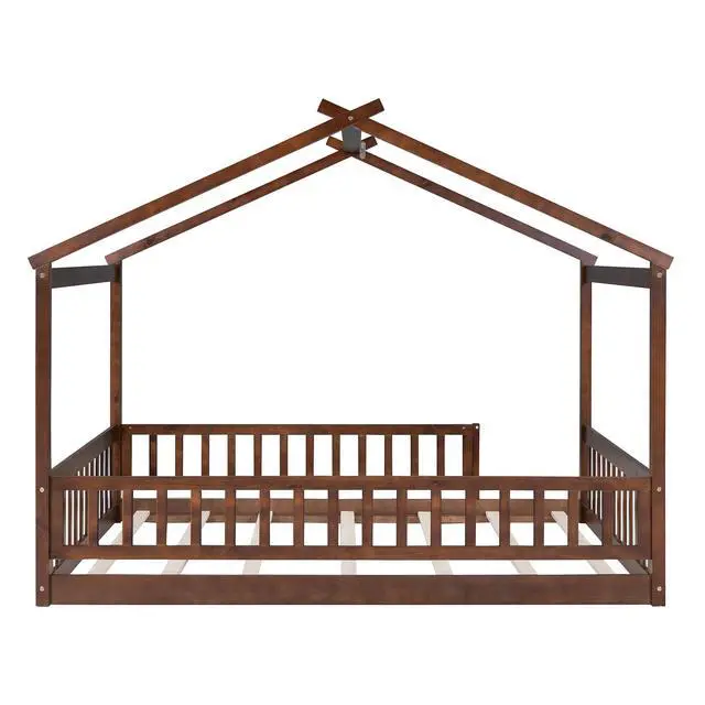 Alt view image 7 of 7 - Full Size Wood Bed House Bed Frame With Fence, For Kids, Teens, Girls, Boys,Walnut