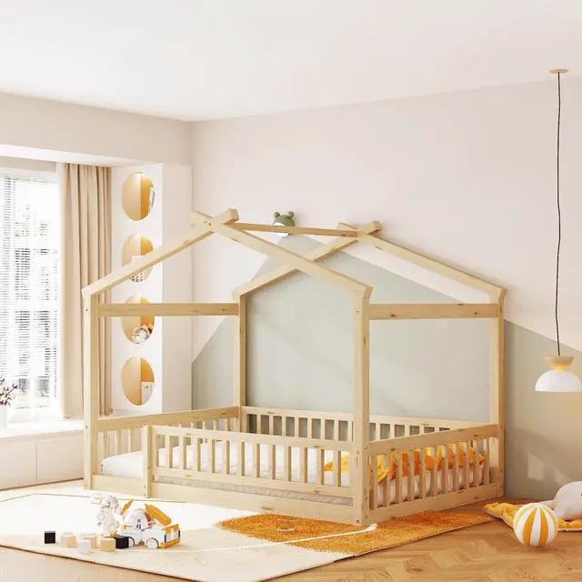 Main image of Full Size Wood Bed House Bed Frame With Fence, For Kids, Teens, Girls, Boys,Natural