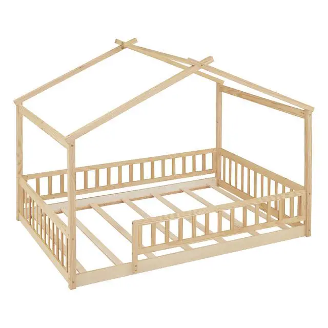 Alt view image 5 of 7 - Full Size Wood Bed House Bed Frame With Fence, For Kids, Teens, Girls, Boys,Natural