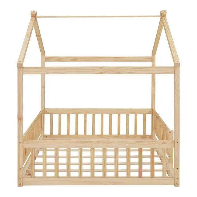 Alt view image 3 of 7 - Full Size Wood Bed House Bed Frame With Fence, For Kids, Teens, Girls, Boys,Natural
