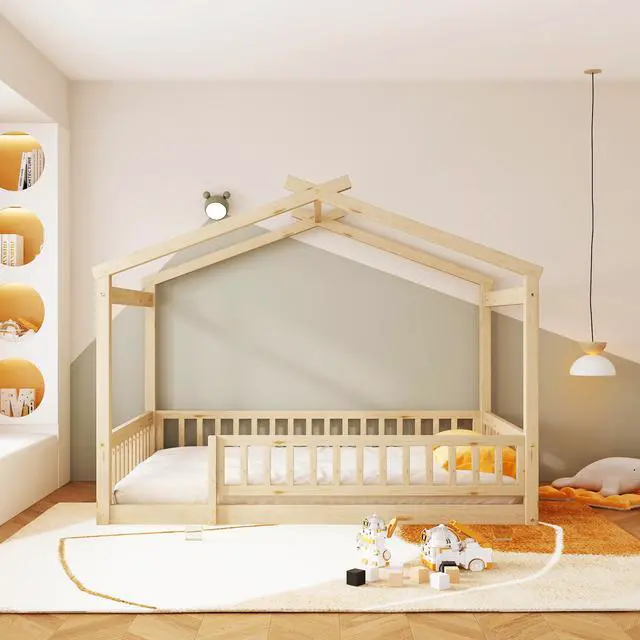 Alt view image 2 of 7 - Full Size Wood Bed House Bed Frame With Fence, For Kids, Teens, Girls, Boys,Natural