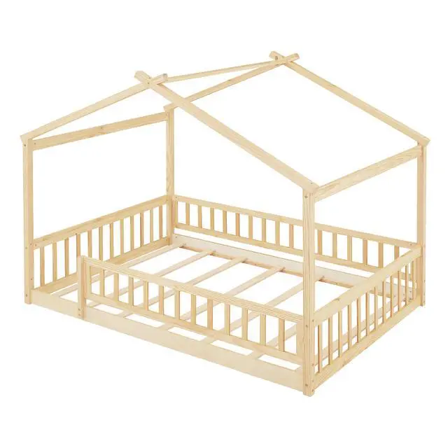 Alt view image 4 of 7 - Full Size Wood Bed House Bed Frame With Fence, For Kids, Teens, Girls, Boys,Natural