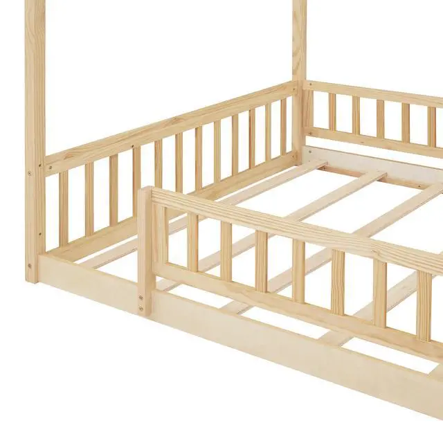 Alt view image 6 of 7 - Full Size Wood Bed House Bed Frame With Fence, For Kids, Teens, Girls, Boys,Natural