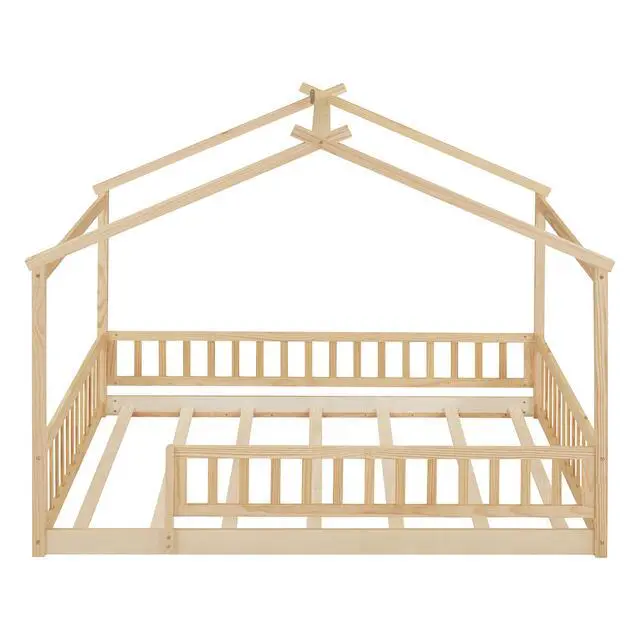 Alt view image 7 of 7 - Full Size Wood Bed House Bed Frame With Fence, For Kids, Teens, Girls, Boys,Natural