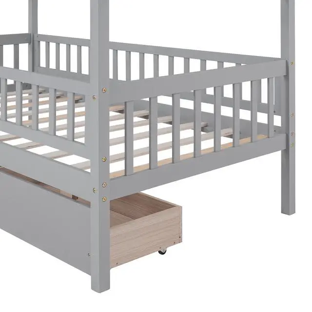 Alt view image 5 of 7 - Twin Size Wooden House Bed With Two Drawers, Gray