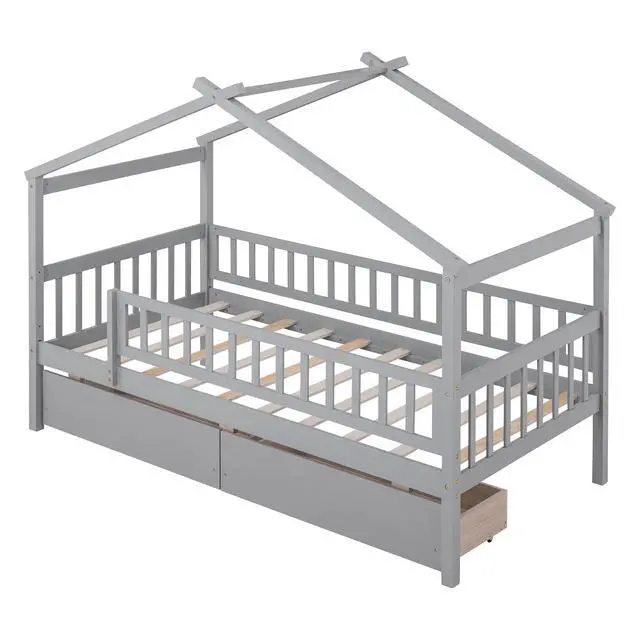 Alt view image 4 of 7 - Twin Size Wooden House Bed With Two Drawers, Gray