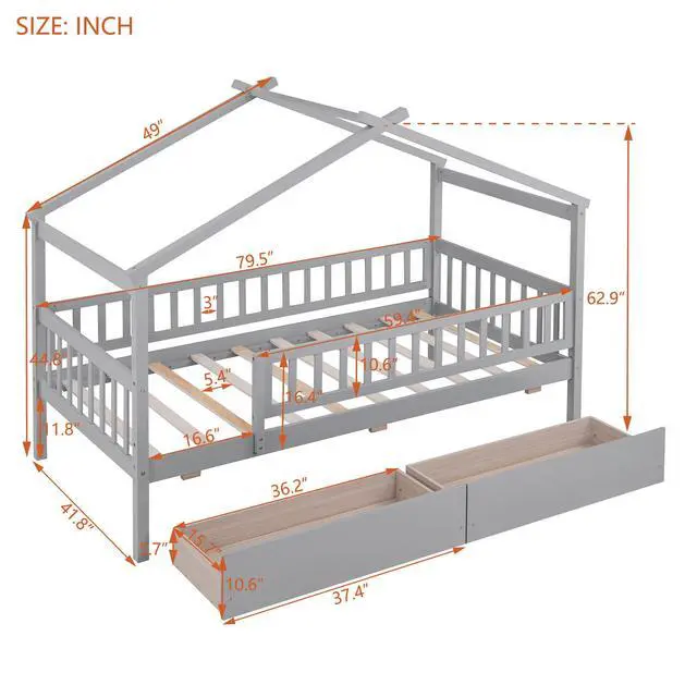 Alt view image 3 of 7 - Twin Size Wooden House Bed With Two Drawers, Gray