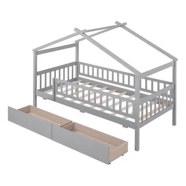 Alt view image 7 of 7 - Twin Size Wooden House Bed With Two Drawers, Gray
