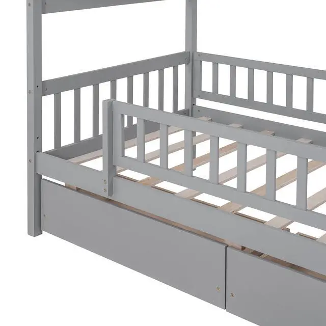 Alt view image 6 of 7 - Twin Size Wooden House Bed With Two Drawers, Gray