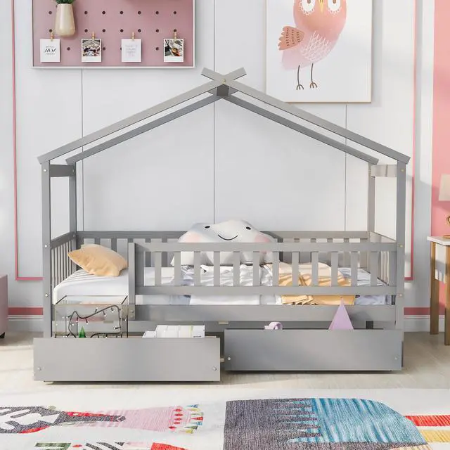 Alt view image 2 of 7 - Twin Size Wooden House Bed With Two Drawers, Gray