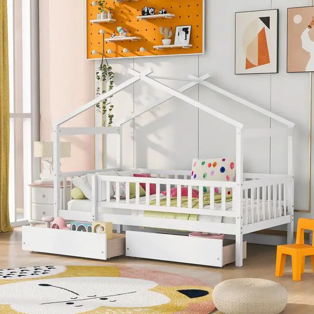 Main image of Twin Size Wooden House Bed With Two Drawers, White