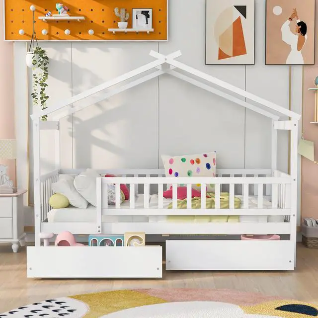 Alt view image 2 of 7 - Twin Size Wooden House Bed With Two Drawers, White