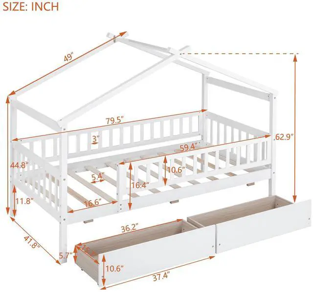 Alt view image 3 of 7 - Twin Size Wooden House Bed With Two Drawers, White