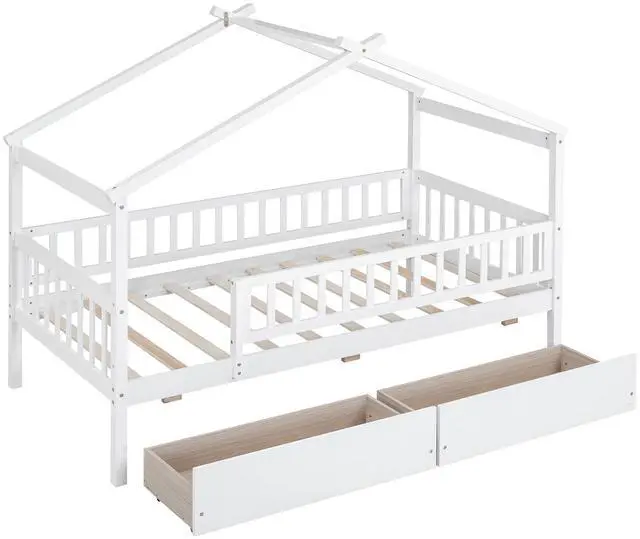 Alt view image 4 of 7 - Twin Size Wooden House Bed With Two Drawers, White