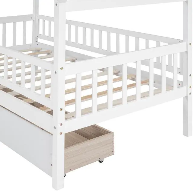 Alt view image 7 of 7 - Twin Size Wooden House Bed With Two Drawers, White