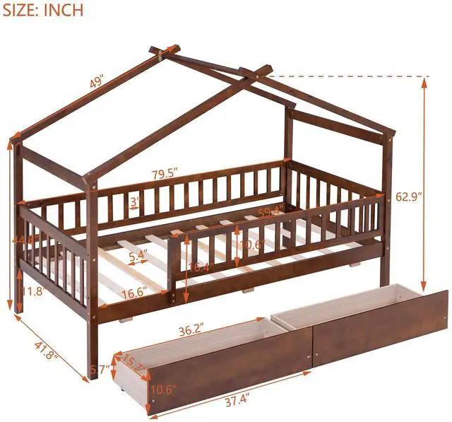 Alt view image 3 of 7 - Twin Size Wooden House Bed With Two Drawers, Walnut