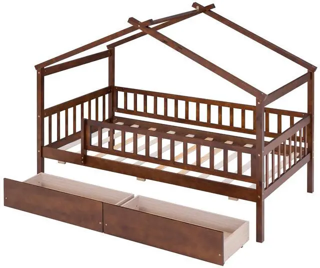 Alt view image 4 of 7 - Twin Size Wooden House Bed With Two Drawers, Walnut