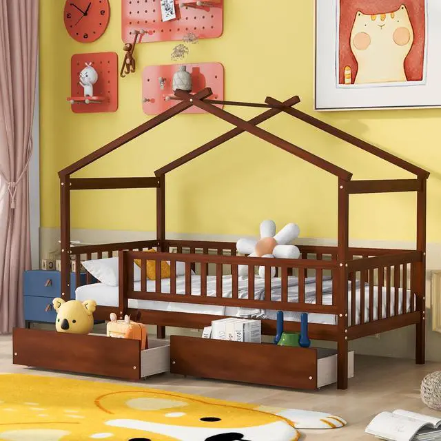 Main image of Twin Size Wooden House Bed With Two Drawers, Walnut