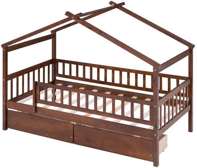 Alt view image 6 of 7 - Twin Size Wooden House Bed With Two Drawers, Walnut