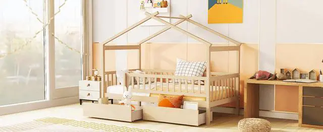 Alt view image 3 of 7 - Twin Size Wooden House Bed With Two Drawers, Natural