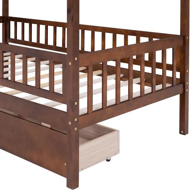 Alt view image 5 of 7 - Twin Size Wooden House Bed With Two Drawers, Walnut