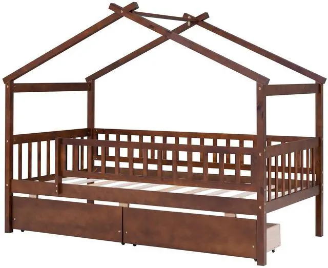 Alt view image 7 of 7 - Twin Size Wooden House Bed With Two Drawers, Walnut