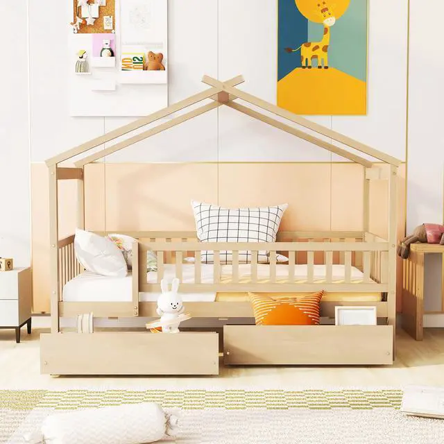 Alt view image 2 of 7 - Twin Size Wooden House Bed With Two Drawers, Natural
