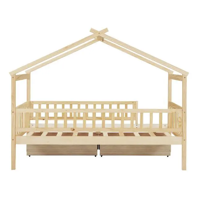 Alt view image 5 of 7 - Twin Size Wooden House Bed With Two Drawers, Natural