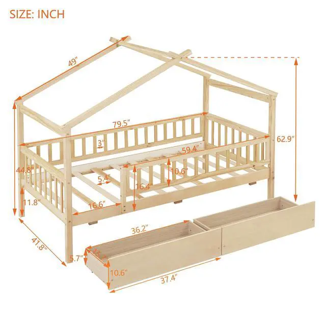 Alt view image 6 of 7 - Twin Size Wooden House Bed With Two Drawers, Natural