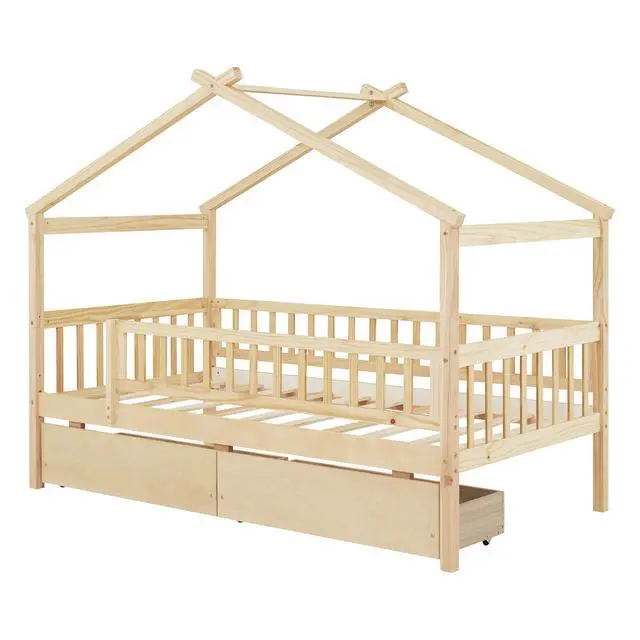 Alt view image 7 of 7 - Twin Size Wooden House Bed With Two Drawers, Natural