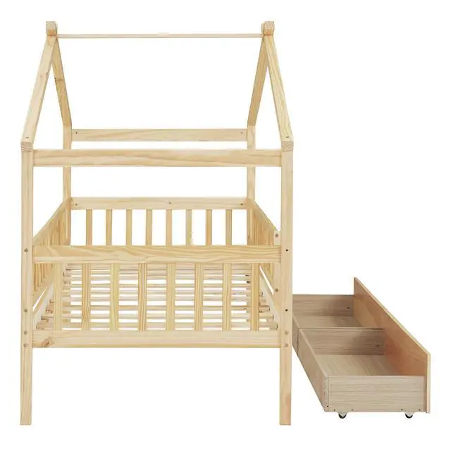 Alt view image 4 of 7 - Twin Size Wooden House Bed With Two Drawers, Natural