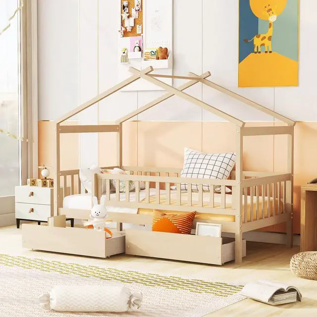 Main image of Twin Size Wooden House Bed With Two Drawers, Natural